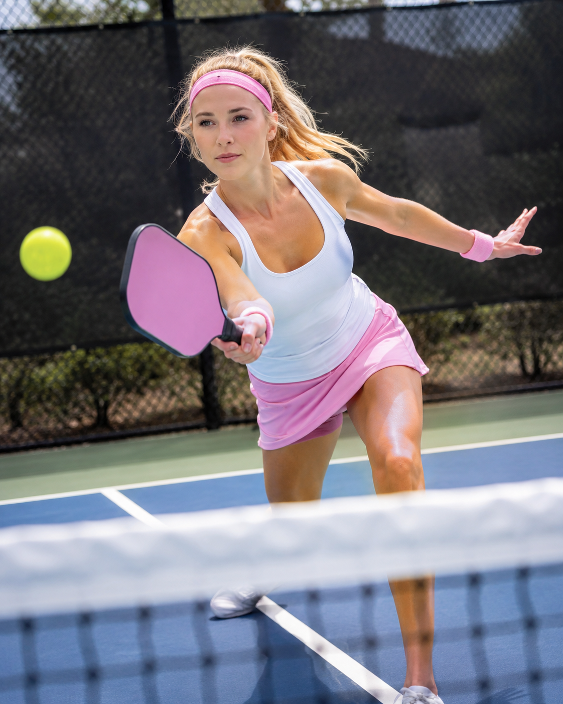 Woman playing pickleball in pink gear